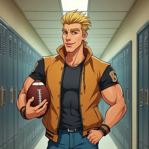 Tall cartoon male muscular tan jock with slick blonde hair in a jersey jacket in high school hallway with lockers with a mullet in jeans holding a football with cheekbones ,cartoon guy holding footbal