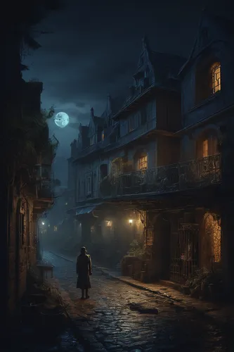 medieval street,night scene,bremen town musicians,the cobbled streets,halloween illustration,medieval town,old town,cobblestone,moonlit night,halloween scene,evening atmosphere,atmospheric,old city,world digital painting,nocturnes,hamelin,witch's house,halloween background,lamplighter,the haunted house,Conceptual Art,Fantasy,Fantasy 01