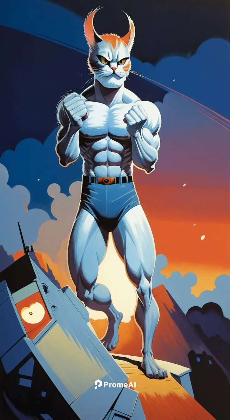 muscle man, very fluffy cat head,the painting shows the man in his underwear, with a cat standing by,megalon,freeza,ultraman,kinnikuman,hammerman,turrican,Illustration,American Style,American Style 09