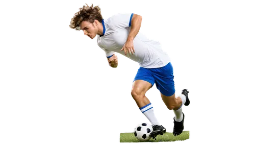 Football player, male, athletic build, white jersey, blue shorts, soccer ball at feet, kicking pose, dynamic movement, sweat droplets, messy hair, focused facial expression, strong legs, grassy backgr