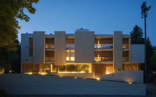 glass concrete woodpanelling
street people summer sunlight spotlight stairs night view landscape garden trees city blue sky,mahdavi,kifissia,modern house,seidler,residential house,dunes house,eisenman