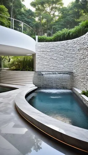 Modern minimalist water feature, curved stone wall, gentle waterfall, serene atmosphere, natural daylight, lush greenery surrounding, white marble floors, elegant staircases, ornate metal railings, tr