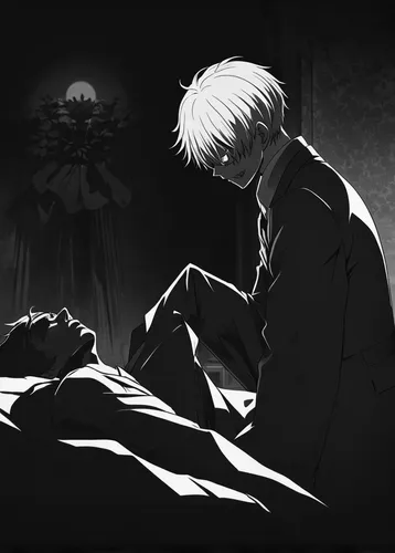 Describe a heart-wrenching moment when Kaneki Ken sacrifices himself to protect his loved ones.,sorrow,last rest,despair,killua hunter x,lover's grief,in the shadows,a dark room,in the dark,darkness,s