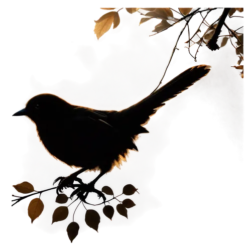 Bird, black silhouette, solo, branch, leafy, morning mist, soft backlight, low-angle shot, 3/4 composition, shallow depth of field, warm color tone, cinematic lighting, detailed feathers, subtle textu