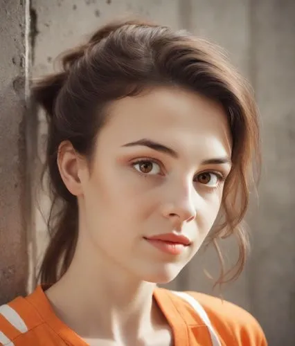 orange,girl portrait,beautiful young woman,portrait photography,young woman,portrait of a girl,portrait photographers,pretty young woman,female model,wallis day,natural cosmetic,portrait background,beautiful face,orange color,girl in t-shirt,teen,british actress,woman portrait,georgia,relaxed young girl,Photography,Commercial