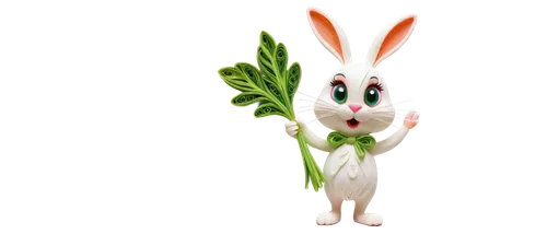 cute rabbit, cartoon style, solo, white fur, pink nose, big round eyes, fluffy ears, whiskers, standing on hind legs, holding carrot, green leafy background, soft light, warm color tone, 3/4 compositi