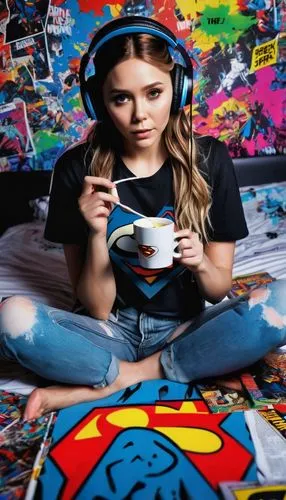  (Elizabeth Olsen)) geek gothic sitting on the bed,with large headphone jack ((reading magazine,drinking coffee)) ((action pose )) (((black superman T-shirt))) west babydoll lingerie wear,night ,(((lo