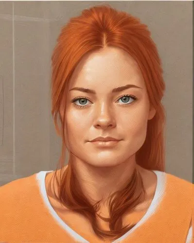 portrait of Catherine McCormack 21-year-old, dark-auburn-hair, orange-shirt,girl portrait,portrait of a girl,orange,cinnamon girl,orange robes,digital painting,daphne,orange color,young woman,girl dra