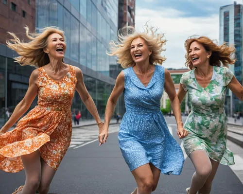 Three very attractive happy middle-aged women wearing light summer dresses and pantyhose on a windy day in the city.,menopause,sprint woman,women clothes,women friends,cheerfulness,ladies group,women 