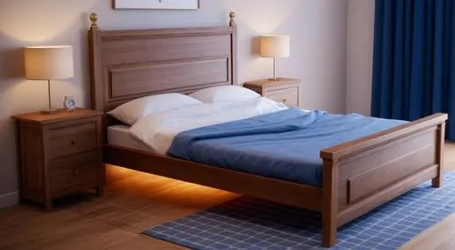 komodin rengi ceviz ahşap, karyola meşe, yastıklar beyaz kumaş, yorgan mavi kumaş, zemin laminant ahşap ,a bed that has been made in a white bedroom,bedstead,headboards,headboard,bedroomed,nightstands