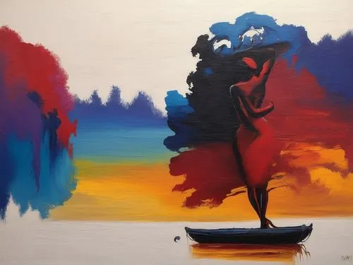 Passion Sexy Painting ,Naked Woman  Abstract Body Art Oil Painting,girl on the river,girl on the boat,canoe,oil painting on canvas,indigenous painting,flamenca,oil on canvas,canoeist,girl walking away