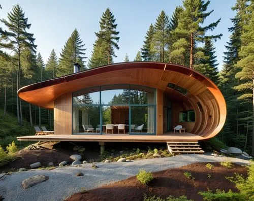 Small Seaside cabin by a forest. Patinated copper roof.,a house is built into the trees and has a curved floor,forest house,house in the forest,cubic house,log home,timber house,the cabin in the mount