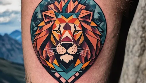 On a rugged mountain peak, an adventurer proudly displays a lion tattoo, a testament to conquering fear. #adventure #tattoo #lion,forearm,panthera leo,masai lion,geometrical cougar,mountain lion,lion,