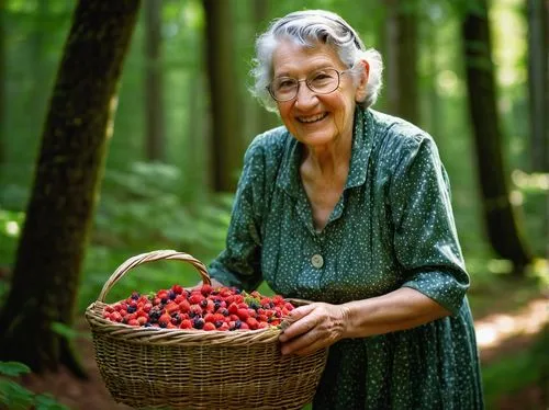 Granny, elderly lady, holding basket, picking wild strawberries, blueberries, raspberries, in a lush green forest, surrounded by tall trees, sun-dappled lighting, warm atmosphere, floral patterned dre