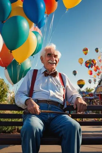 Old man, Six Flags, theme park, white hair, bushy eyebrows, wrinkles, warm smile, casual wear, blue jeans, white shirt, suspenders, silver watch, walking stick, gentle gestures, sitting on a bench, no