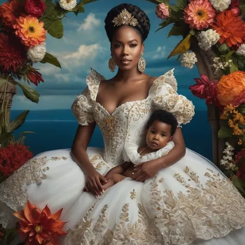 
CUERPO ENTERO desde la cabeza hasta los pies,centrado en el lienzo, Madre joven, piel morena, acunando a su hijo, sonrisas calentadas por la suave luz del sol, vestido tradicional venezolana, rodeada