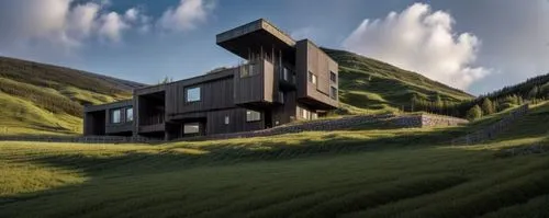 house in mountains,house in the mountains,cubic house,cube stilt houses,cube house,dunes house,mountain hut,swiss house,3d rendering,modern house,modern architecture,mountainside,timber house,eco-construction,grass roof,home landscape,wooden house,beautiful home,sky apartment,the cabin in the mountains