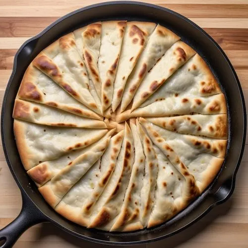 flat bread cut into 12 pieces cooking in a skillet side full view,a set has a bread pizza cut in eight pieces,pan pizza,khachapuri,oven-baked cheese,flatbreads,burek,pirog,Photography,General,Realisti