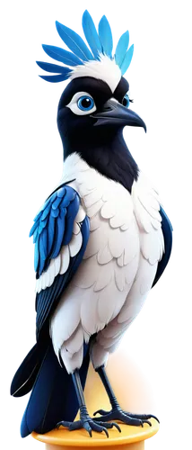 Magpie logo, cartoon style, blue and white feathers, black beak, bright inquisitive eyes, shiny rounded head, wings spread wide, perched on a circle, 3D illustration, bold lines, vibrant colors, morni