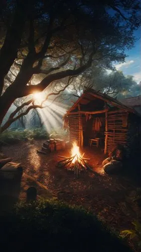 wooden hut,hobbiton,the cabin in the mountains,log cabin,small cabin,log home,home landscape,visual effect lighting,summer cottage,cabin,digital compositing,fantasy picture,games of light,landscape ba