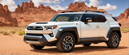 Imagine a futuristic world where Toyota FJ Cruisers are self-driving vehicles exploring uncharted territories.,toyota 4runner,toyota fj cruiser,compact sport utility vehicle,4 runner,chevrolet trailbl