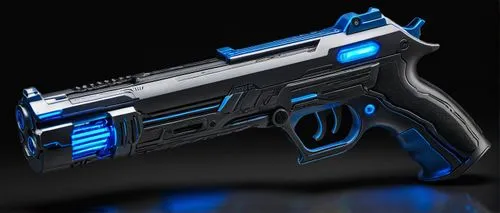 Futuristic sci-fi pistol, metallic silver body, glowing blue accents, intricate circuitry details, ergonomic grip, trigger finger rest, adjustable scope, recoil compensation system, LED flashlight att