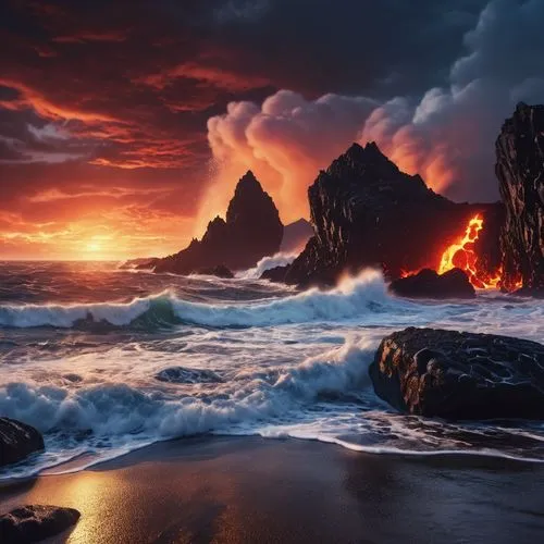 volcanic landscape,volcanic,volcanic eruption,dark beach,seascape,rocky coast,Photography,General,Realistic