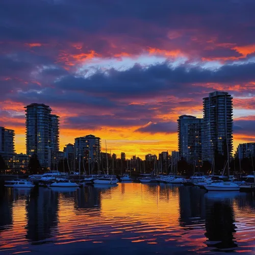 Describe a peaceful sunset over False Creek.,false creek,vancouver,british columbia,incredible sunset over the lake,foster city,vancouver island,queen anne,viña del mar,lakeshore,west canada,lake shor