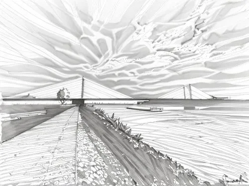 ravenel bridge,öresundsbron,tangshan railway bridge,bay bridge,the akashi-kaikyo bridge,akashi-kaikyo bridge,spit bridge,oresund bridge,bridge,virtual landscape,estuary,fields of wind turbines,suspension bridge,anzac bridge,salt marsh,vanishing point,tidal marsh,dutch landscape,panoramical,digital,Design Sketch,Design Sketch,Hand-drawn Line Art