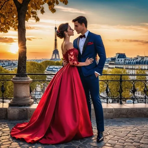 parisiennes,man in red dress,red gown,romantic portrait,parisian,wedding photo,Photography,General,Realistic