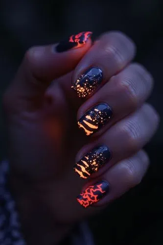 Nils Design, hallowen nails,
a cute beetlejuice themed glow in the dark nail design on a creole hand . Square nail shape


,hands with black and orange nail polish holding a small lighted object,crack