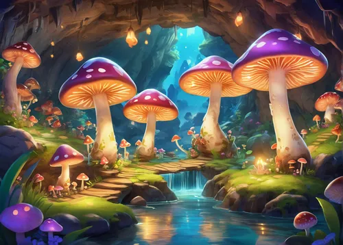 mushroom landscape,fairy village,fairy forest,mushroom island,fairy world,forest mushrooms,toadstools,mushrooms,enchanted forest,club mushroom,fairytale forest,cartoon video game background,elven forest,cartoon forest,umbrella mushrooms,forest mushroom,children's background,blue mushroom,mushroom type,lingzhi mushroom,Illustration,Japanese style,Japanese Style 19