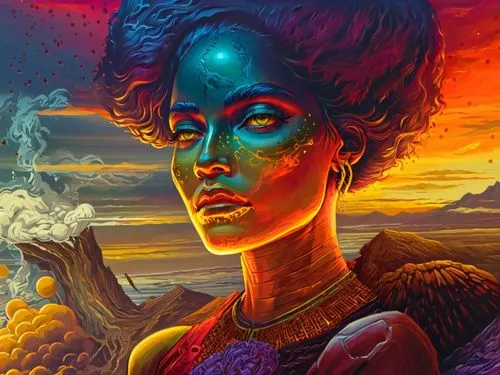 a woman is standing near an ocean and clouds,tretchikoff,inanna,afrofuturism,dmt,ladyland,paschke,Illustration,Realistic Fantasy,Realistic Fantasy 25