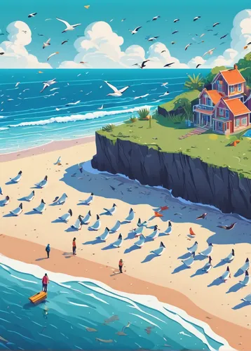 seagulls,sea birds,seagulls flock,terns,seaside resort,flock of birds,bird migration,beach landscape,seabirds,beach huts,gulls,a flock of pigeons,puffins,seagulls birds,sea gulls,bird island,flying sea gulls,seaside country,summer beach umbrellas,birds of the sea,Unique,3D,Isometric