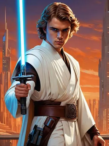 Anakin Skywalker, young adult, Jedi Knight, masculine, strong facial features, short brown hair, blue eyes, scar above left eyebrow, white Jedi robes, brown utility belt, lightsaber hilt at side, seri