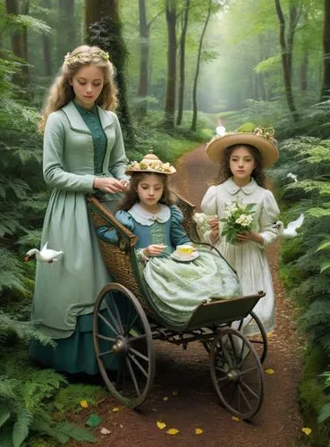 The natural world travels through a dense forest as a little girl in a mini carriage reaches out to play with a cup of tea as she navigates the way. The world is alive with natural wonder, with the le