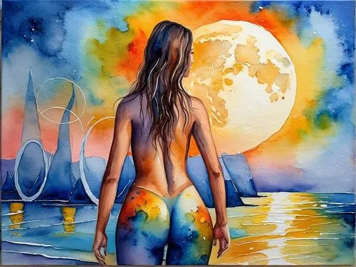 bodypainting,watercolor painting,body painting,bodypaint,neon body painting,boho art,moonrise,watercolor,watercolor background,art painting,blue moon,watercolours,watercolour paint,fantasy art,aquarelle,water colors,watercolors,watercolorist,oil painting on canvas,water color,Illustration,Paper based,Paper Based 24