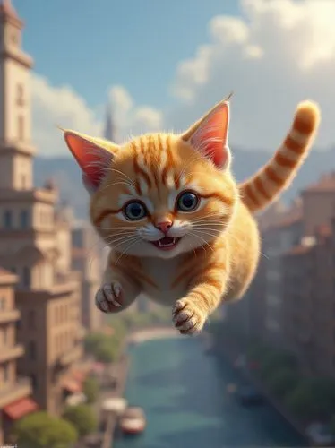 Smiling cats flying over the city, highly detailed, concept art, ultra realistic digital illustration, unreal engine 5++,a cat hanging in the air making a funny face,supercat,worldcat,cartoon cat,felo