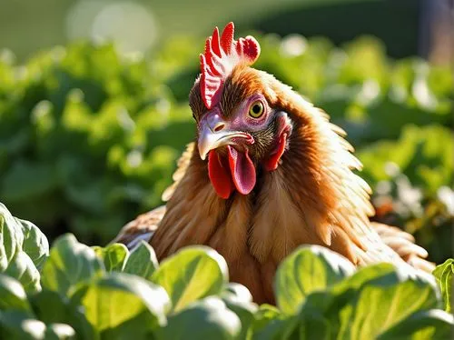 Funny farm scene, close-up, curious expression, chicken, green lettuce, fresh vegetables, garden setting, sunny day, warm light, soft focus, shallow depth of field, colorful feathers, beak slightly op