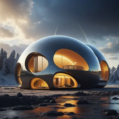 Create the surroundings of the house into an extreme futuristic atmosphere, both the ground and the sky look futuristic.,futuristic architecture,snowhotel,cubic house,igloo,futuristic landscape,teardr