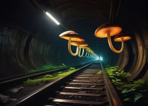 Subterranean architecture, underground city, futuristic, high-tech, sleek metal walls, neon lights, holographic advertisements, bustling streets, pedestrian tunnels, escalators, grand central hub, vau