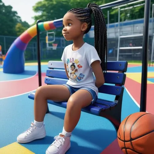 cute, 10 year old, African American, female, hairstyle in black boxbraids in a ponytail, wearing jean shorts and a white t-shirt, colorful sneaker, BACKGROUND sitting on a bench at the basketball cour