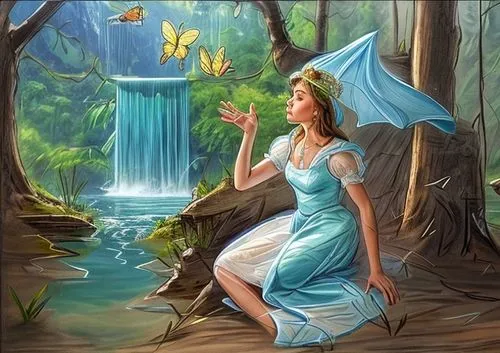 A young princess sitting on the banks of a blue lake watching butterflies. A waterfall is in the background. Sunlight streaming in through the forest tree tops. Bright pleasing colors. Green forest tr