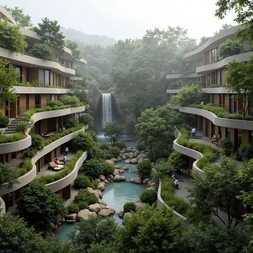 fallingwater,hushan,shaoming,biopolis,greenforest,hangzhou,ecotopia,jiangzhou,terraformed,hotel complex,hezhou,apartment complex,rivendell,shangri,huizhou,amanresorts,streamwood,shangrila,leizhou,futuristic landscape