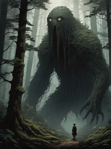 bear guardian,forest animal,forest man,supernatural creature,druid,the wanderer,giant schirmling,creeper,haunted forest,creature,creeping animal,sci fiction illustration,elder,druid grove,creepy bush,the forest fell,encounter,nordic bear,giant,game illustration,Illustration,Japanese style,Japanese Style 10