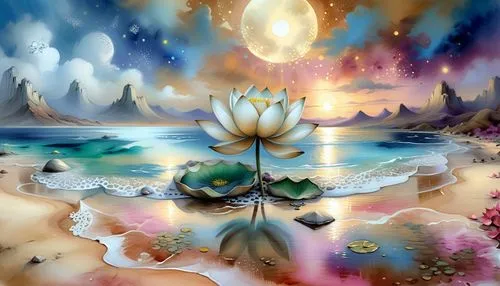 an abstract painting depicting a lotus flower and the ocean,fantasy picture,water lotus,flower of water-lily,fantasy art,lotus blossom,mermaid background,Illustration,Realistic Fantasy,Realistic Fanta