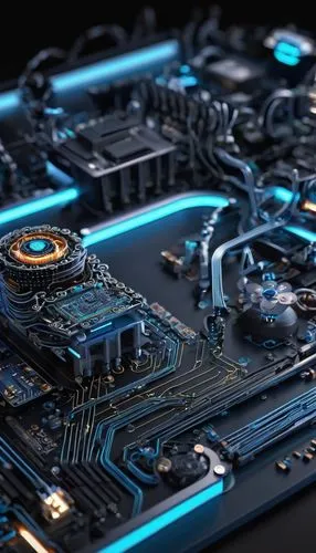 Z scaler, futuristic, sleek, metallic, robotic, complex circuitry, neon lights, holographic display, motherboard, CPU, GPU, RAM, wires, circuits, futuristic laboratory, dark background, high-tech ambi