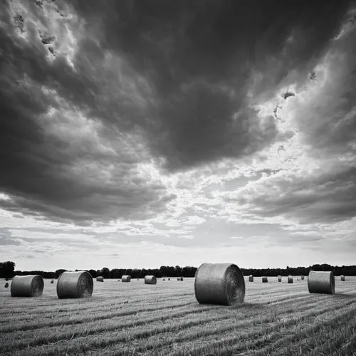 round bales,hay bales,bales of hay,straw bales,field of cereals,fricourt,courcelette,tillage,bales,silage,fromelles,stone circle,unharvested,war graves,towton,pozieres,grain field,round straw bales,harvests,pinhole,Illustration,Black and White,Black and White 33