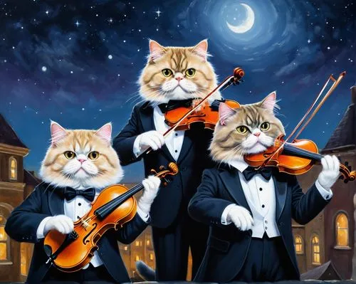 three Persian cats in formal suits play violins on a clear night,orchestra,symphony orchestra,orchesta,philharmonic orchestra,musical ensemble,violinists,classical music,musicians,orchestral,concertma