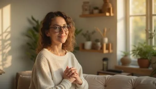 Calming beige therapy room, mature lady therapist, gentle smile, glasses, curly brown hair, soft makeup, comfortable clothing, seated on a couch, hands clasped together, warm lighting, wooden furnitur